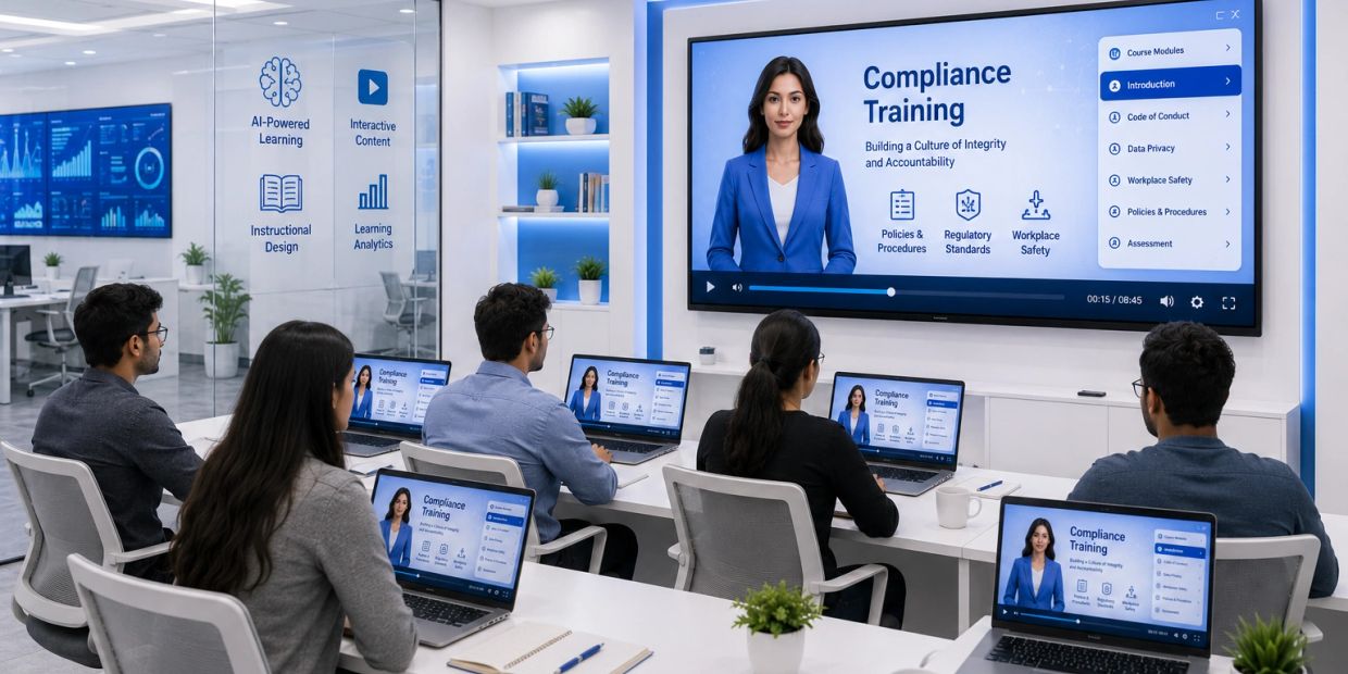 Employees attending a compliance training session with laptops and a large screen.