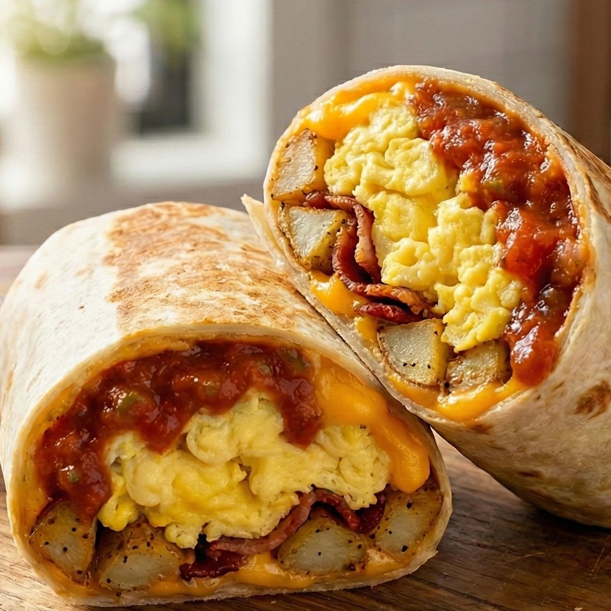 Hearty breakfast burrito with eggs, potatoes, bacon, cheese, and salsa.