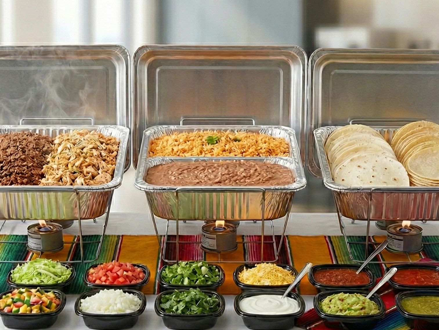 A Mexican food buffet with rice, beans, tortillas, and various toppings.