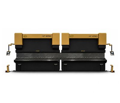 Large industrial press brake machine in yellow and black.