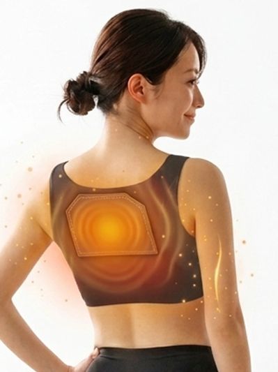 Woman wearing a back support brace with heat therapy.