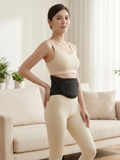 Young woman wearing a beige workout outfit and a black waist support belt indoors.