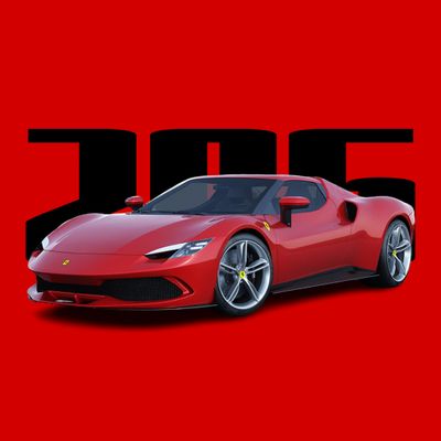Sleek red Ferrari sports car with bold 296 background.