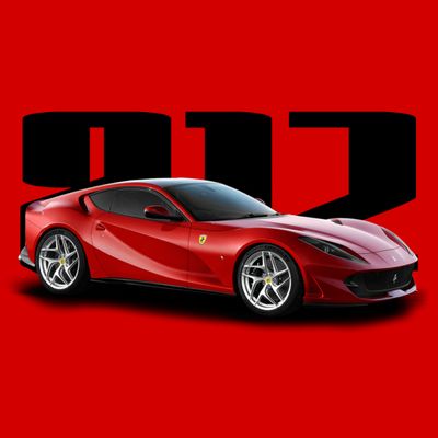 Red Ferrari sports car with bold 812 text in background.