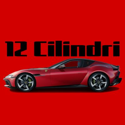 Sleek red sports car with '12 Cilindri' text on vibrant red background.