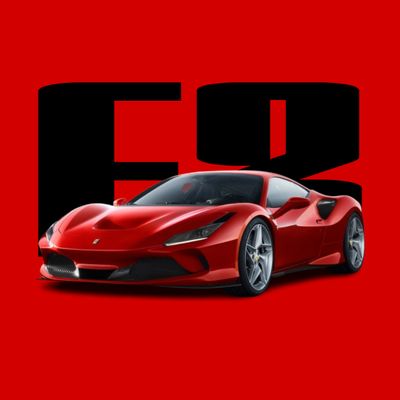 Sleek red Ferrari F8 sports car against bold red and black background.