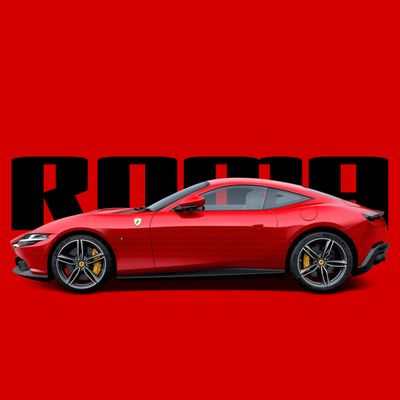Sleek red Ferrari Roma sports car side view on a red and black background.