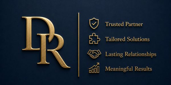 Gold DR logo with four key business values listed on a dark background.