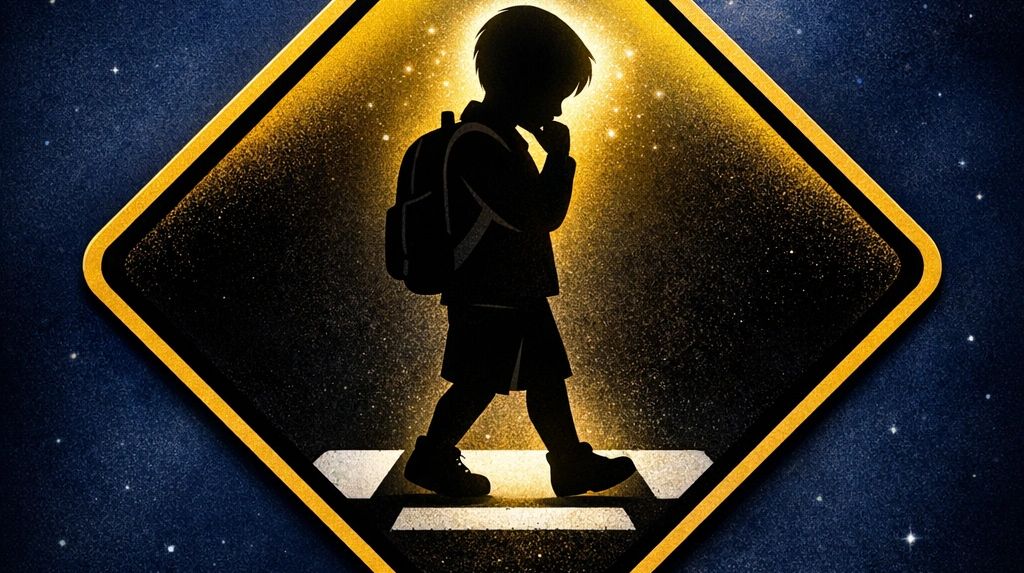 Silhouette of a child walking thoughtfully across a crosswalk against a starry night sky.