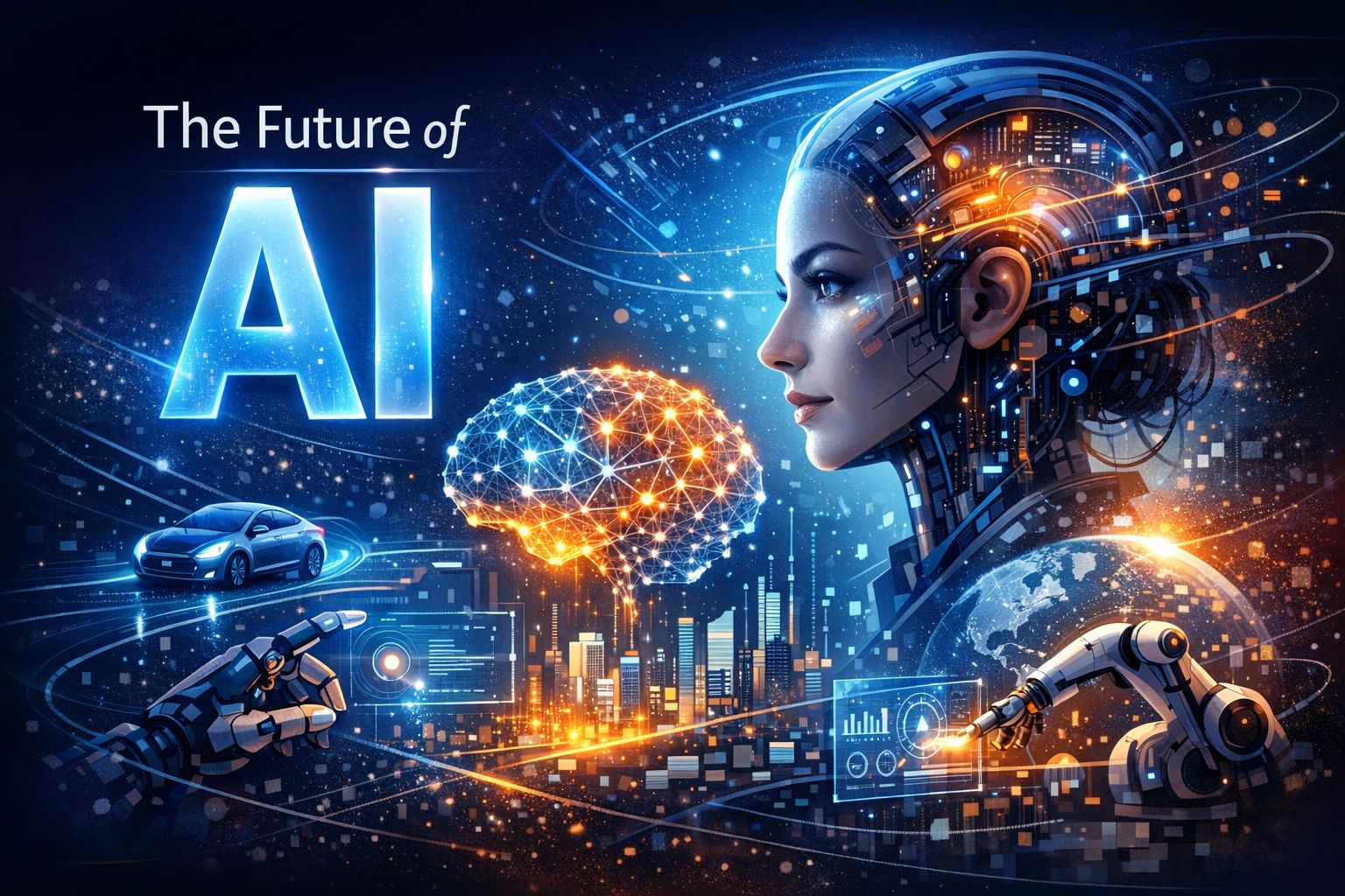 Futuristic AI concept with a robotic human, digital brain, and technology elements.