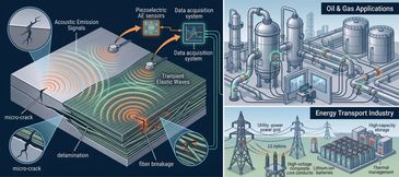 Diagram illustrating acoustic emission monitoring and industrial applications in oil, gas, and energy sectors.