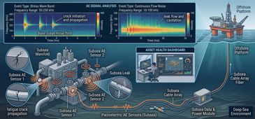 Diagram showing subsea asset monitoring with acoustic emission sensors and offshore platform.