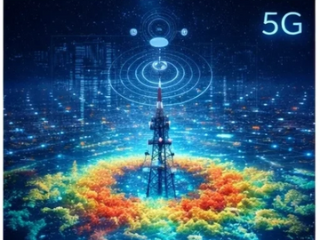 5G tower emitting signals with colorful digital waves.