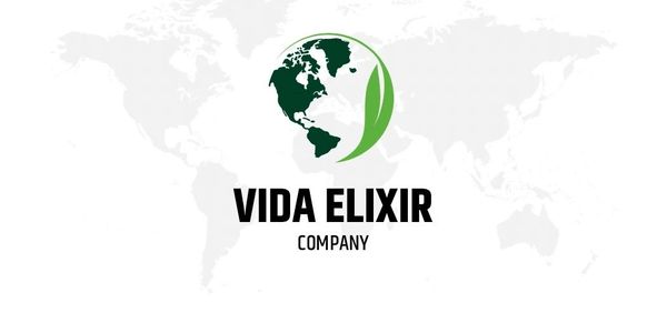 Logo of Vida Elixir Company with a green earth and leaf design.