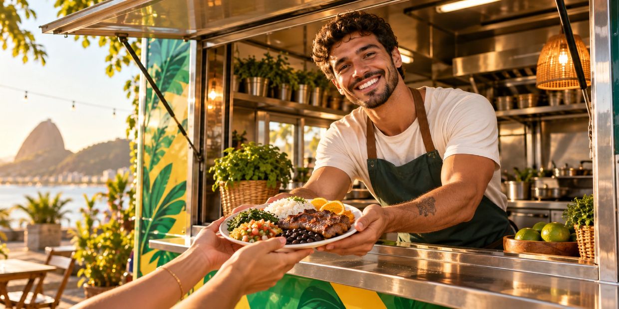 Smiling man serving food from a food truck outdoors.