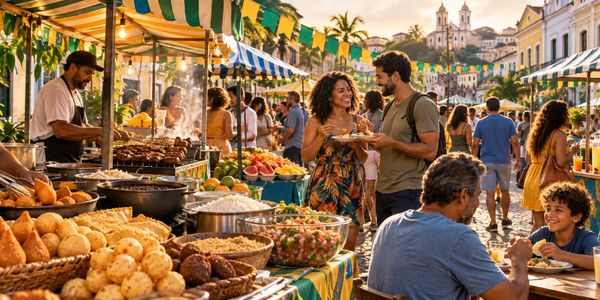 Busy outdoor food market with people enjoying street food.