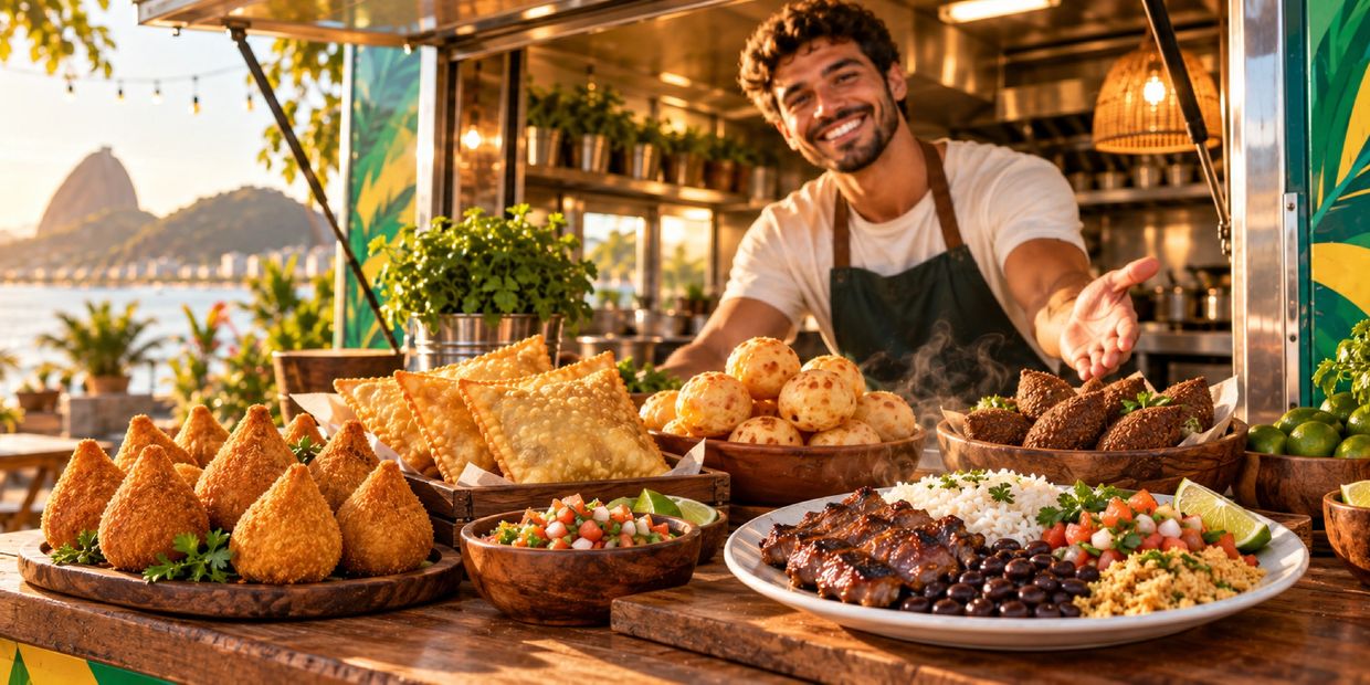 Smiling vendor offers a variety of Brazilian snacks and dishes at a food stall.