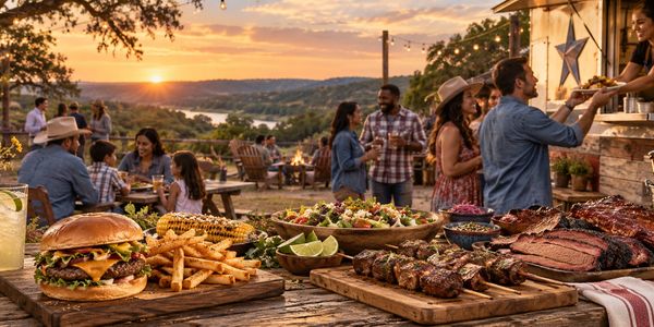 Outdoor barbecue feast at sunset with friends and family.