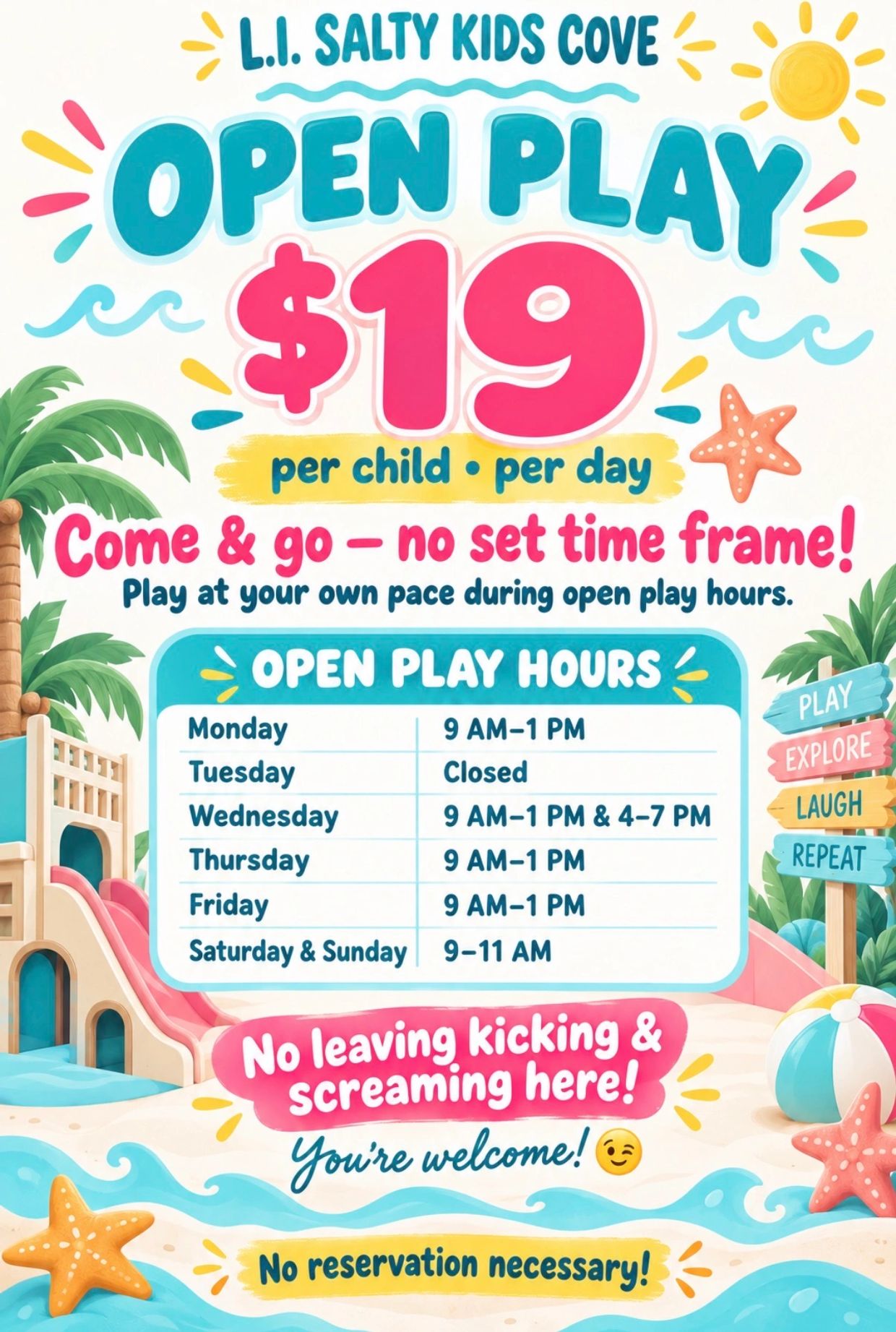 Open play at L.I. Salty Kids Cove for $19 per child per day.
