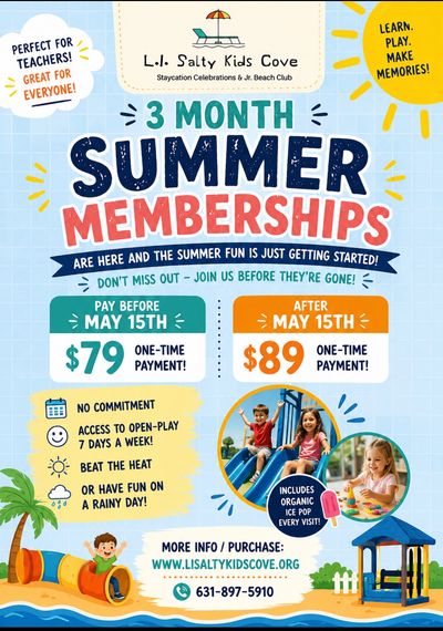 3-month summer memberships for kids at L.I. Salty Kids Cove with early bird pricing and fun activities.
