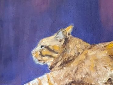 Oil painting of a regal orange cat proudly stretching against a purple background.