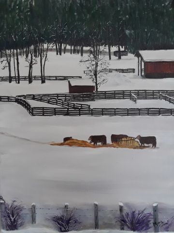 Oil painting of a ranch with dark fences and cattle starkly silhouetted against the settled snow.