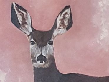 Oil painting of two deer against a dusky pink background, staring motionless towards the viewer.