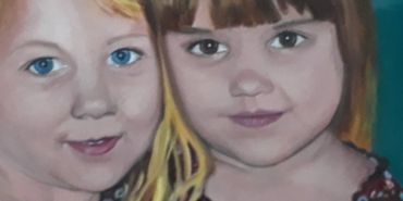 Oil painting of two smiling girls, their arms round each other's shoulders, against teal background.