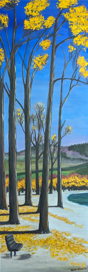 Vertically elongated oil painting of tall, graceful cottonwood trees in their yellow fall foliage