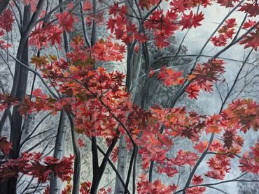 A visually striking oil painting of a white tree with red leaves against a grey misty background.