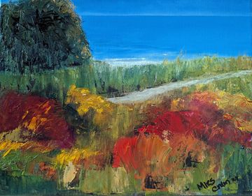 An impressionistic oil painting looking past a riot of warm-hued foliage to a blue sea and horizon.