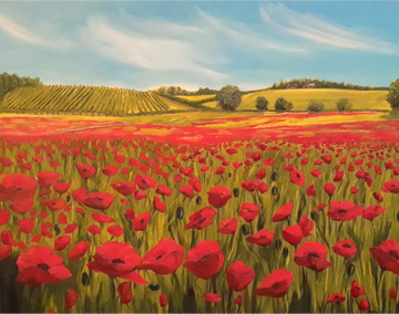 Warm oil painting depicting fields of poppies stretching from the foreground back into a sea of red.