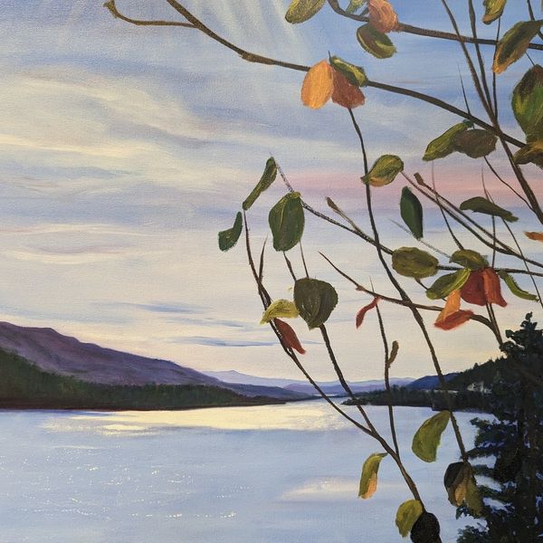 A tranquil and reflective lake scene in oil paint, with delicate autumnal foreground leaves.