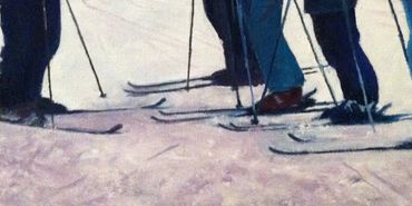 Oil painting of a ski party on fluffy pinkish snow, pausing for a moment between the trees.