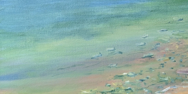 An oil painting of warm and inviting turquoise waters, overlooked by mountains and beach with chairs