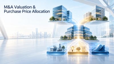 M&amp;A Valuation and purchase price allocation concept with futuristic buildings.