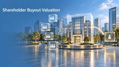 Modern business district with shareholder buyout concept graphics.