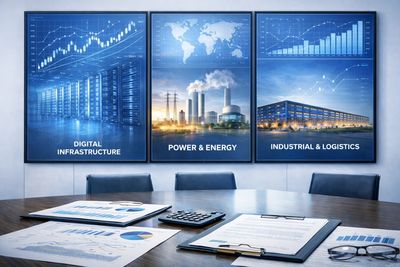 Office meeting room with charts on digital infrastructure, power &amp; energy, and industrial logistics.