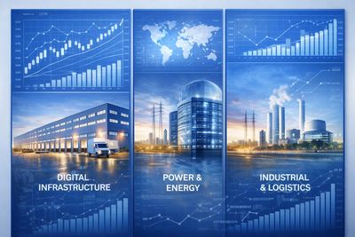 Panels showing digital infrastructure, power &amp; energy, and industrial logistics sectors.
