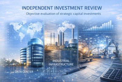 Composite image showing data centers, industrial infrastructure, and investment graphs.