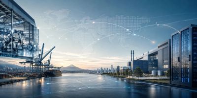 Futuristic cityscape with industrial port and digital connections.