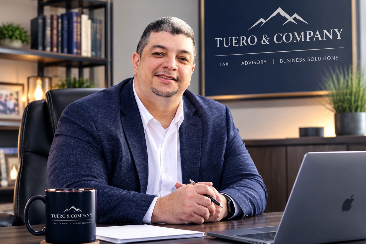Professional man at office desk with company sign.