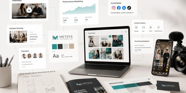 Workspace with branding and social media marketing materials displayed digitally and on paper.