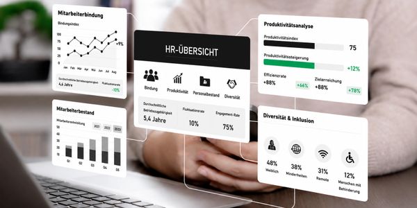 Digital HR dashboard showing employee metrics and productivity analysis.