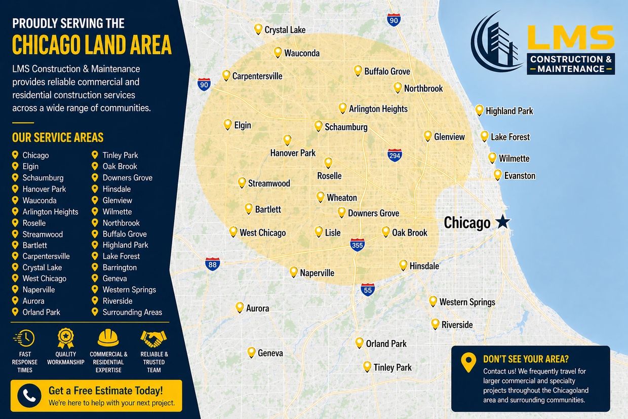 Map showing LMS Construction &amp; Maintenance service areas in the Chicagoland region with contact info.