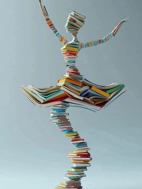 A sculpture of a dancing ballerina made entirely of stacked colorful books.