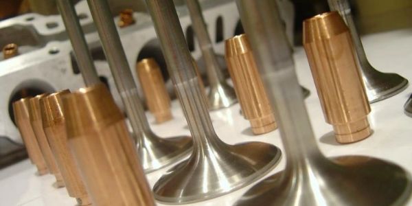 Engine valves and valve guides on a white surface.