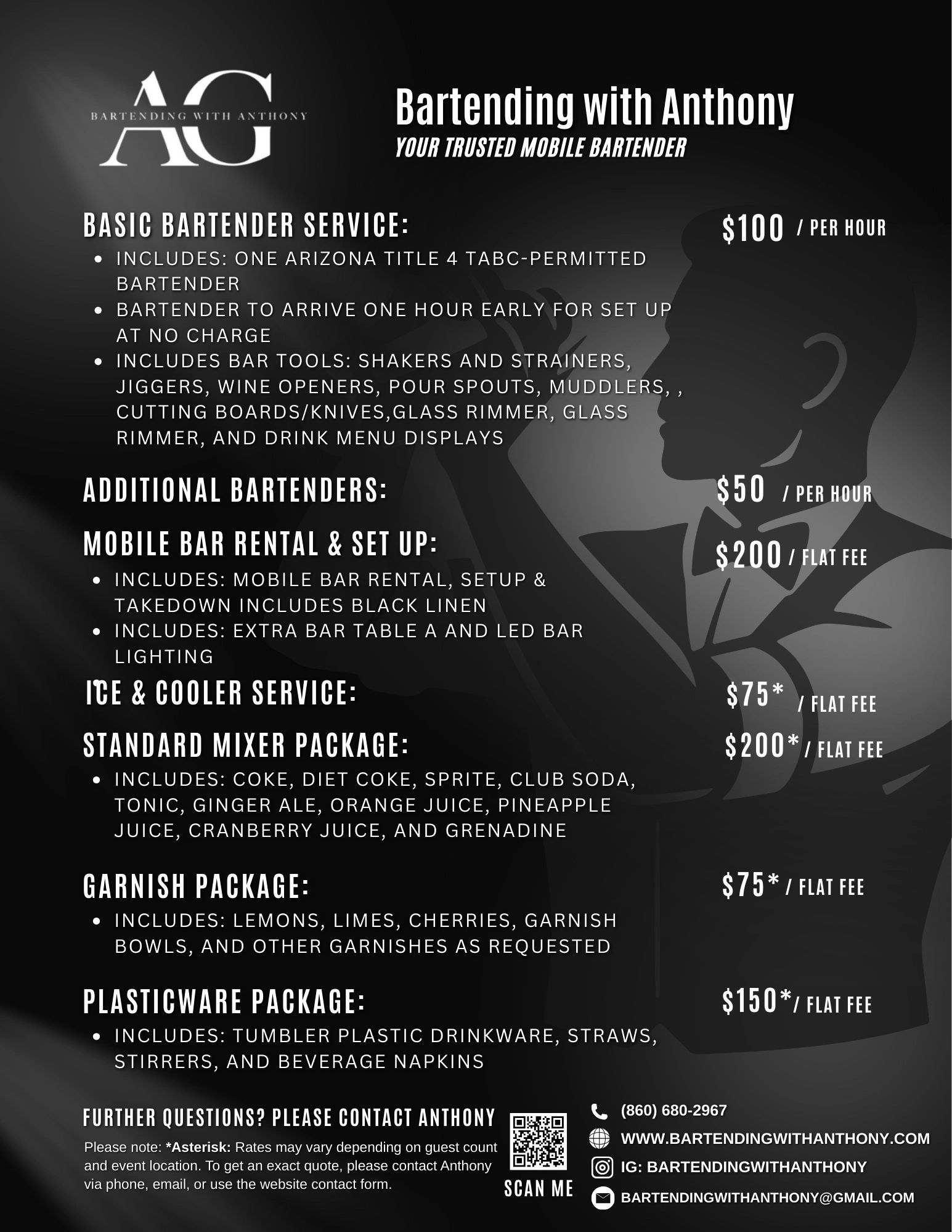 Bartending service pricing and packages by Bartending with Anthony, a trusted mobile bartender.