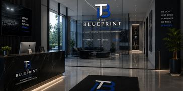 Luxurious modern lobby of The Blueprint offices.