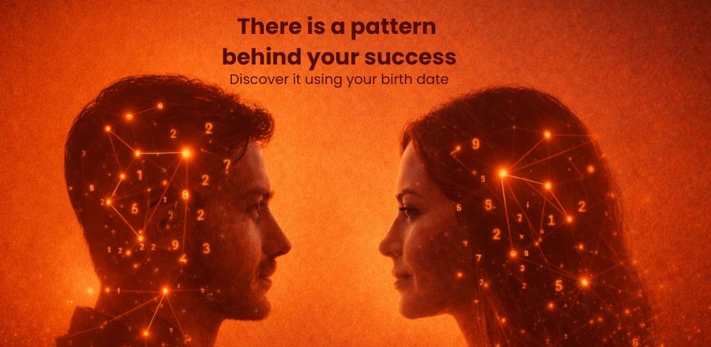 Two faces with glowing numerical patterns symbolizing success and birth date connections.